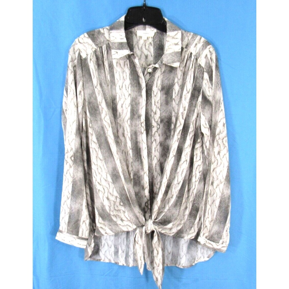 ENTRO Women's GRAY Snake Skin Print CHIFFON Tie-Front BUTTON-UP Top Blouse S